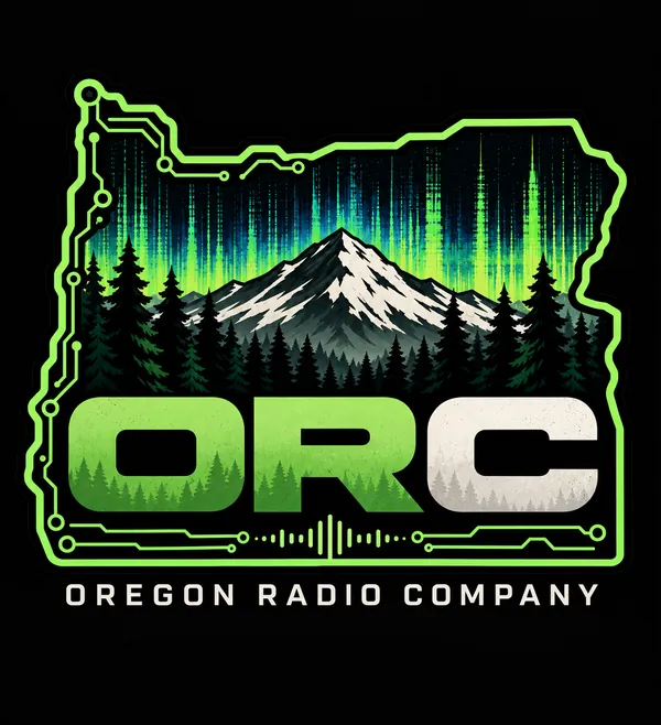 Oregon Radio Company logo: the Oregon state outline drawn as circuit traces around a snowy peak, fir trees and a green signal sky, with ORC in heavy letters and OREGON RADIO COMPANY beneath